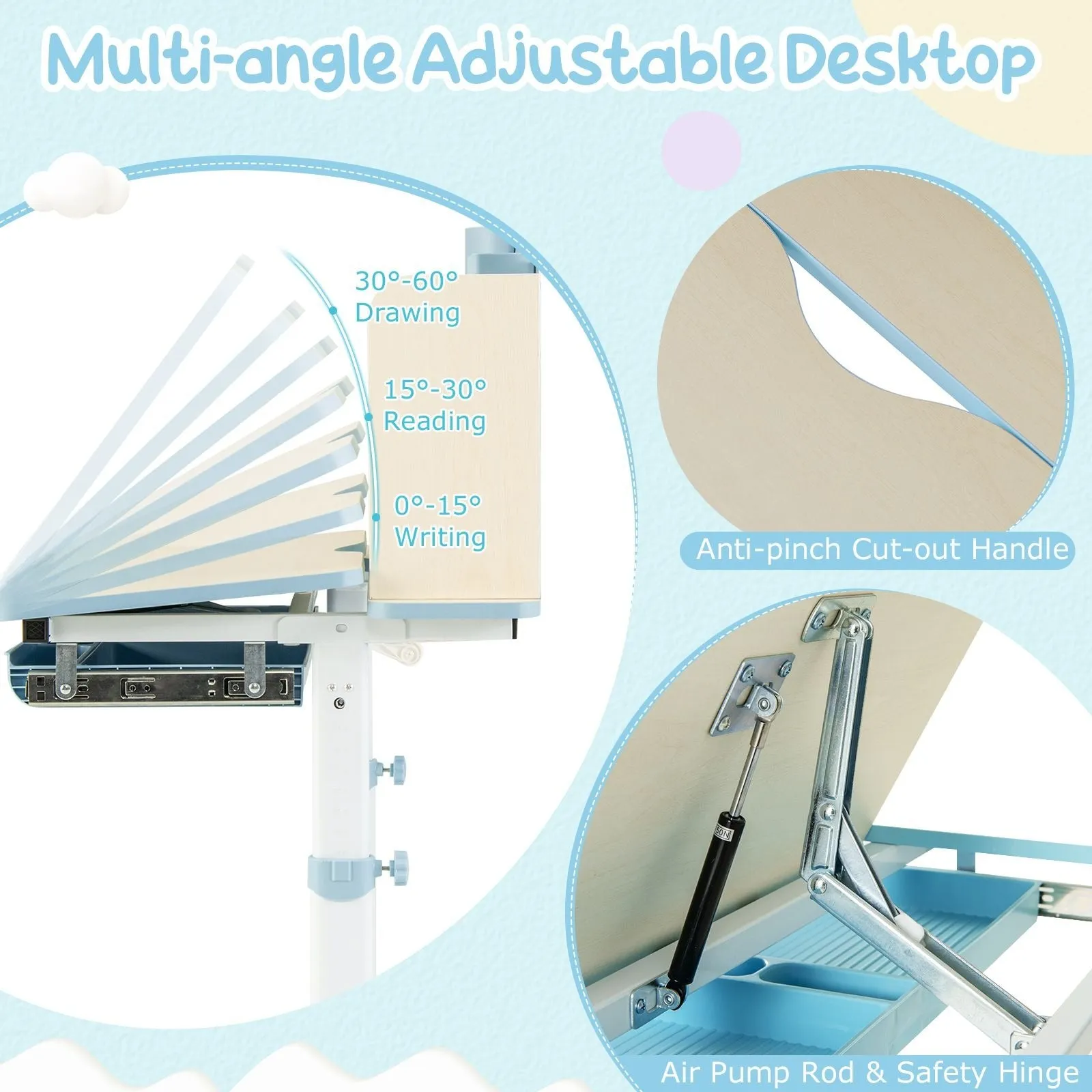 Kids Height Adjustable Desk  | Childrens Desk with Storage | Hutch Style | Blue or Grey | 3-12 Years